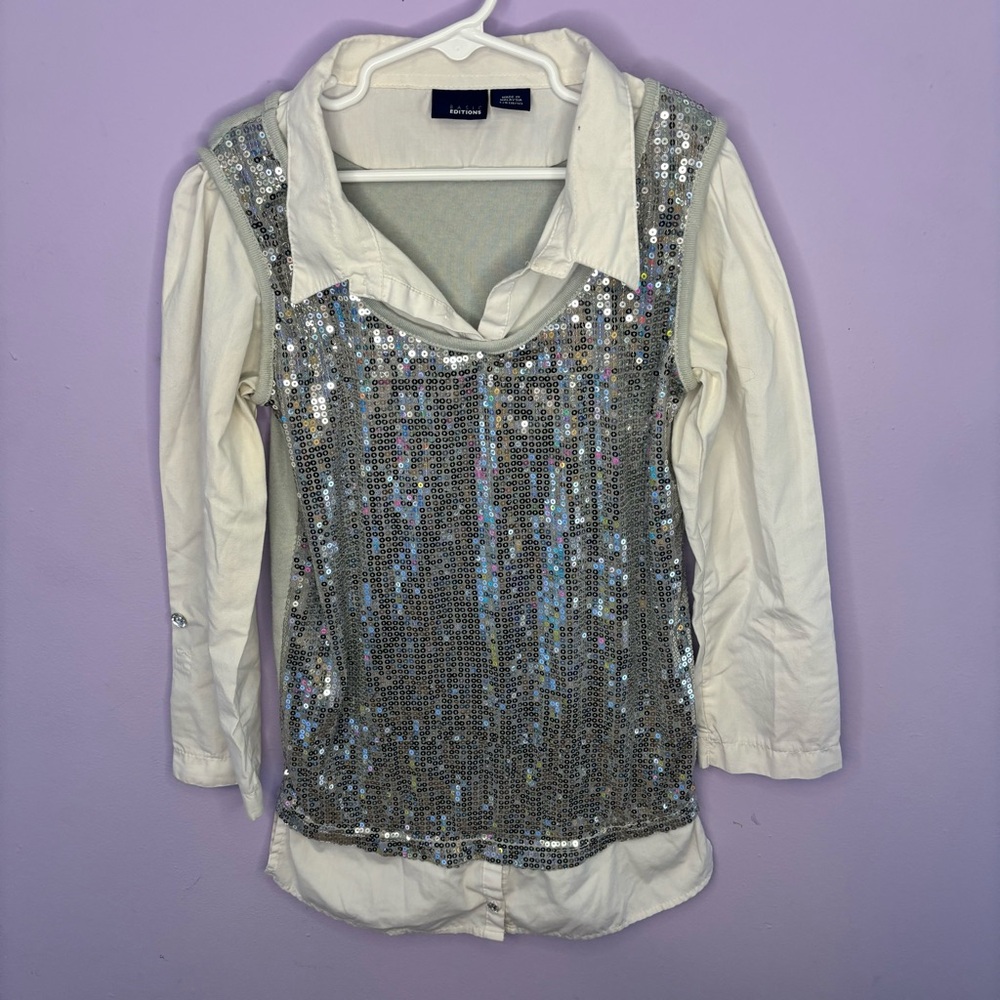 VINTAGE Y2K BASIC EDITIONS WHITE SILVER SEQUIN VEST SHIRT SIZE GIRLS LARGE 10/12